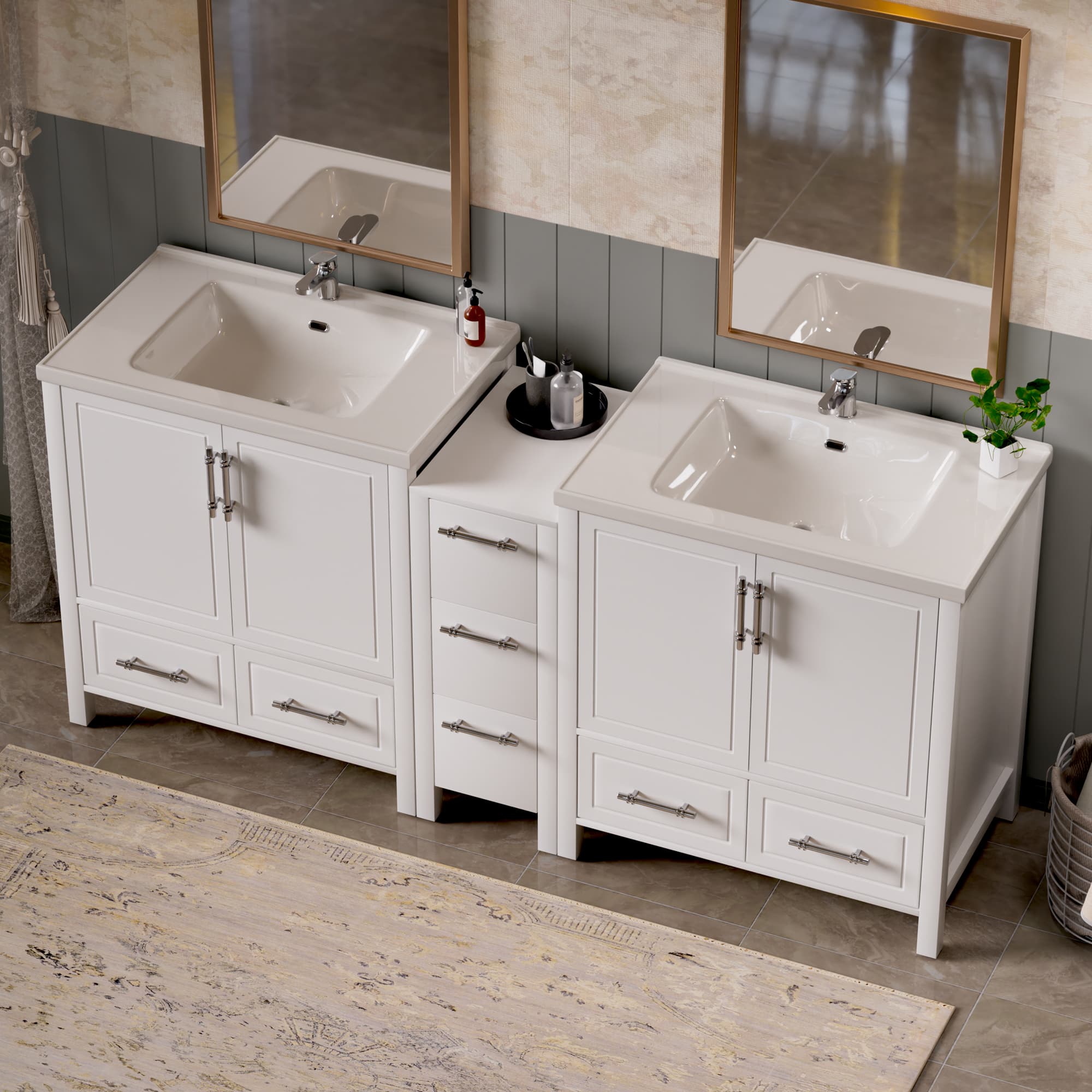 Grand 75" Freestanding Bathroom Vanity with White Marble Top, Double Sinks and Soft-Close Storage