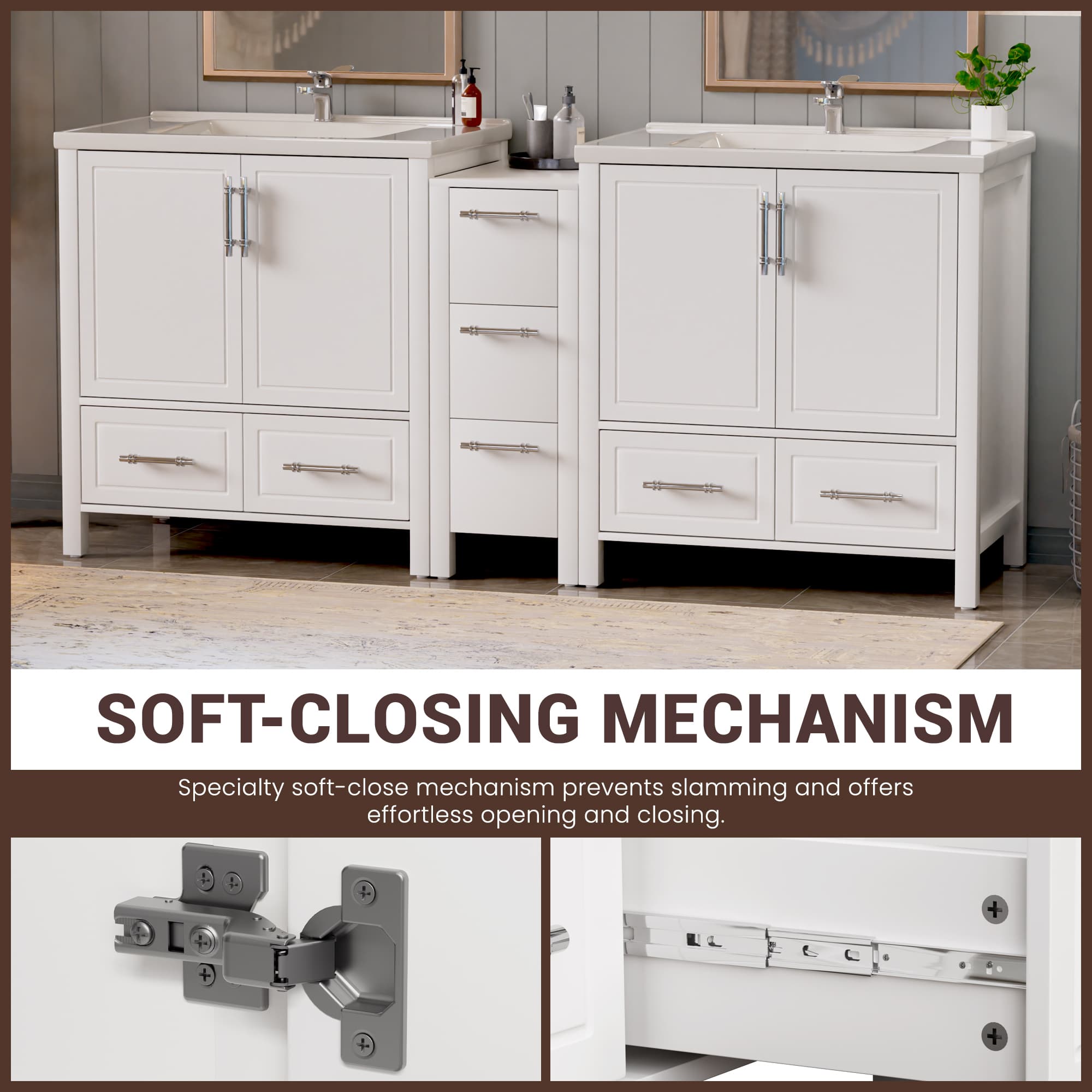 Grand 75" Freestanding Bathroom Vanity with White Marble Top, Double Sinks and Soft-Close Storage