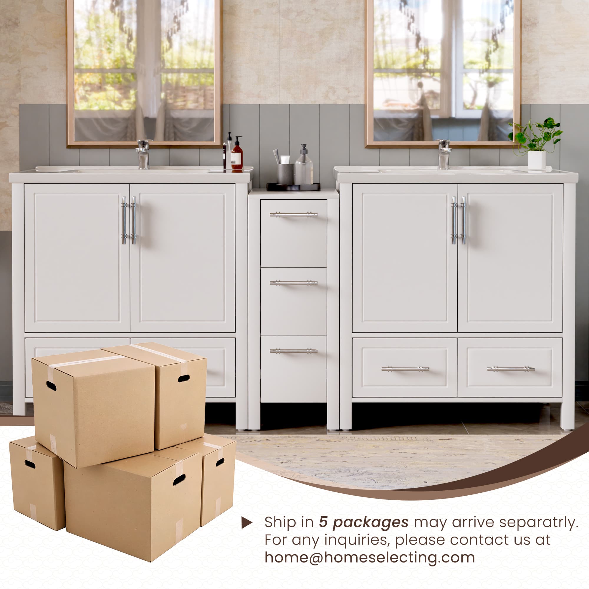 Grand 75" Freestanding Bathroom Vanity with White Marble Top, Double Sinks and Soft-Close Storage
