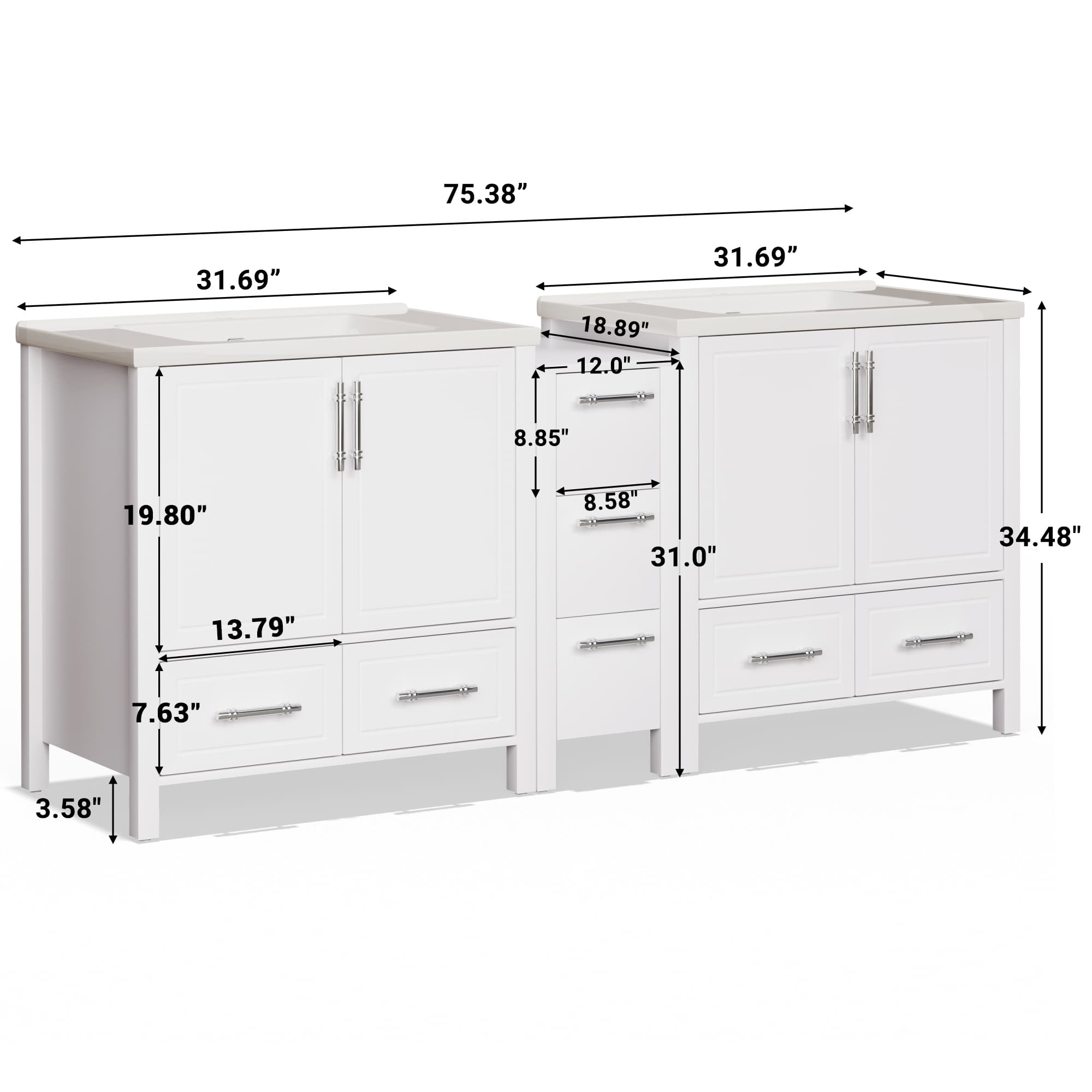 Grand 75" Freestanding Bathroom Vanity with White Marble Top, Double Sinks and Soft-Close Storage