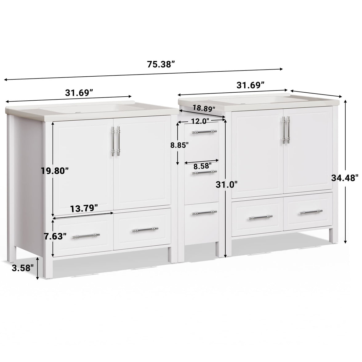 Grand 75" Freestanding Bathroom Vanity with White Marble Top, Double Sinks and Soft-Close Storage