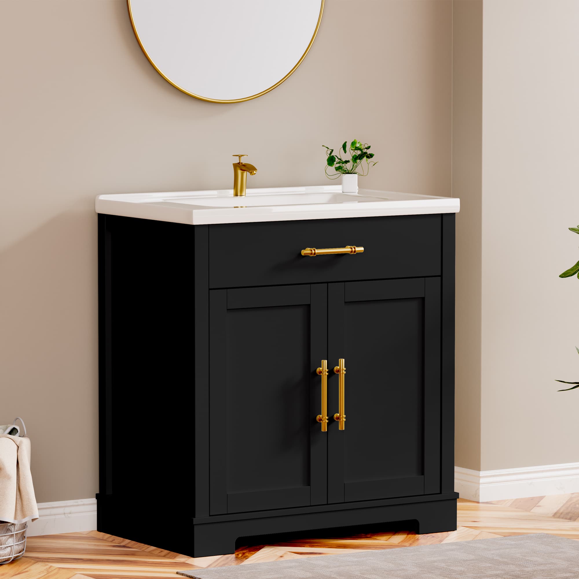 Hudson 30" Freestanding Bathroom Vanity with White Ceramic Sink, Drawer Storage and Backsplash
