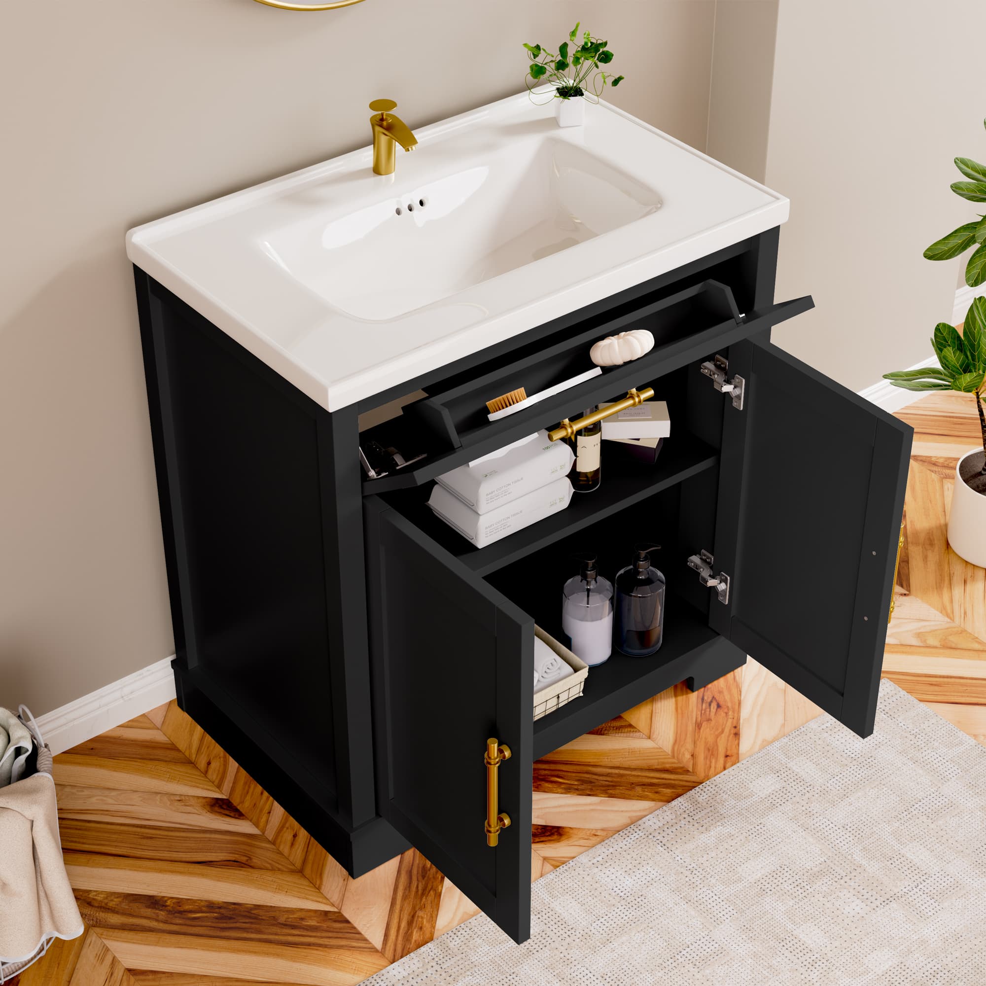 Hudson 30" Freestanding Bathroom Vanity with White Ceramic Sink, Drawer Storage and Backsplash