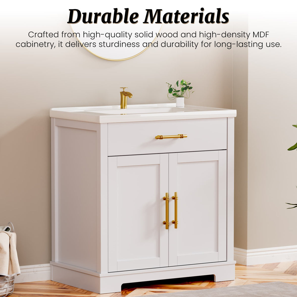 Hudson 30" Freestanding Bathroom Vanity with White Ceramic Sink, Drawer Storage and Backsplash