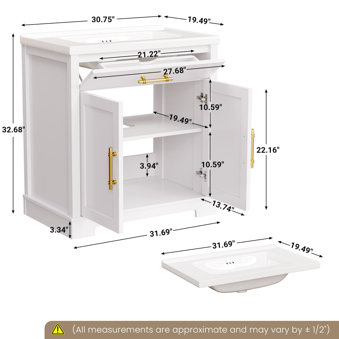 Hudson 30" Freestanding Bathroom Vanity with White Ceramic Sink, Drawer Storage and Backsplash