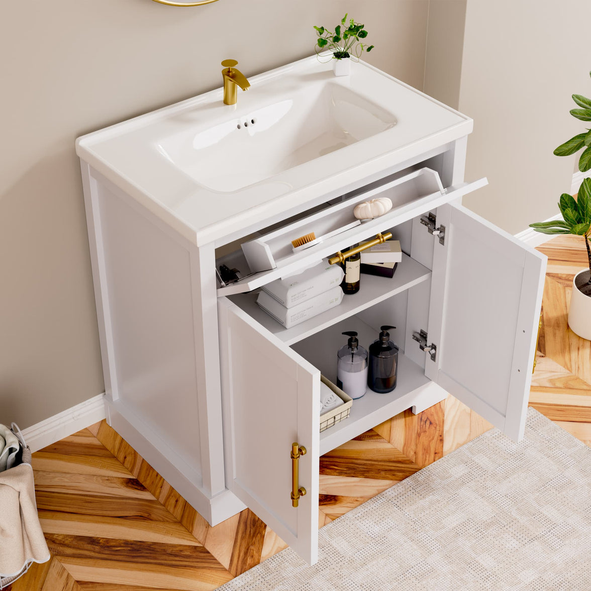 Hudson 30" Freestanding Bathroom Vanity with White Ceramic Sink, Drawer Storage and Backsplash