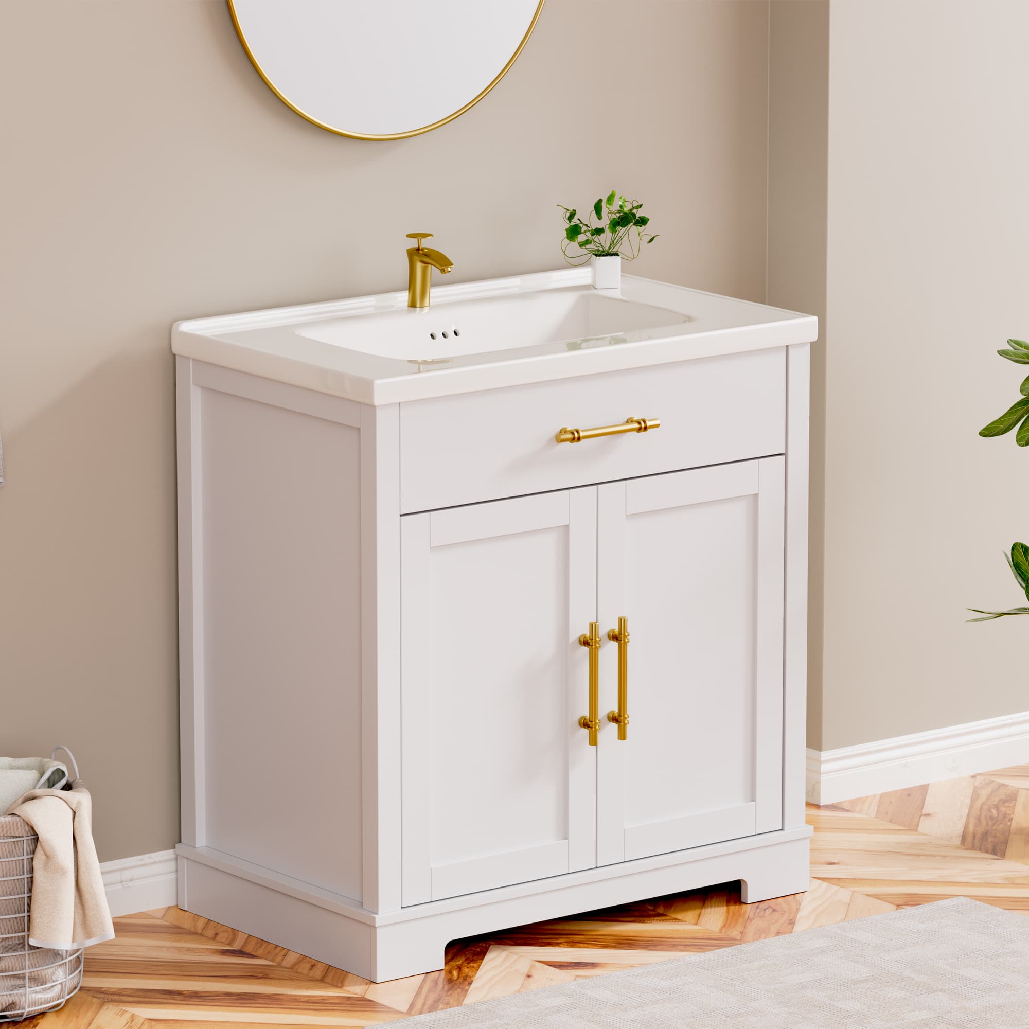 Hudson 30" Freestanding Bathroom Vanity with White Ceramic Sink, Drawer Storage and Backsplash