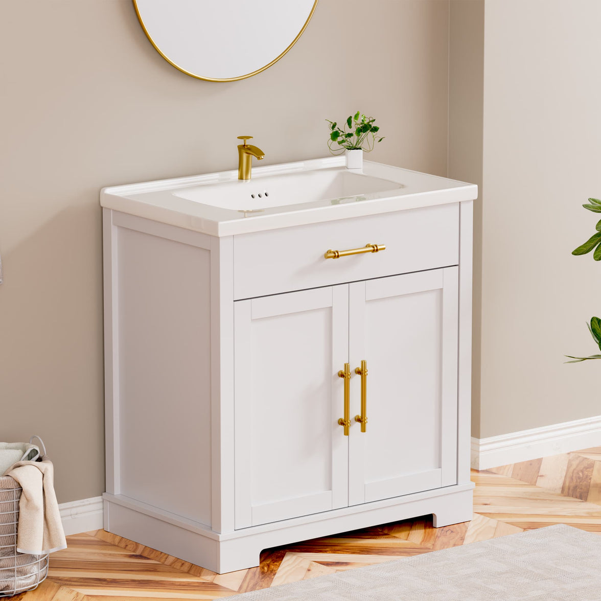 Hudson 30" Freestanding Bathroom Vanity with White Ceramic Sink, Drawer Storage and Backsplash