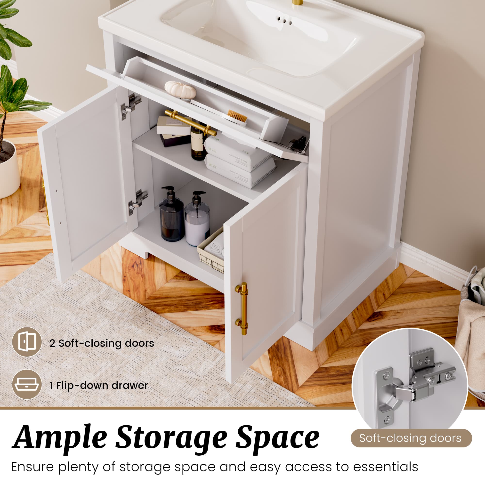Hudson 30" Freestanding Bathroom Vanity with White Ceramic Sink, Drawer Storage and Backsplash