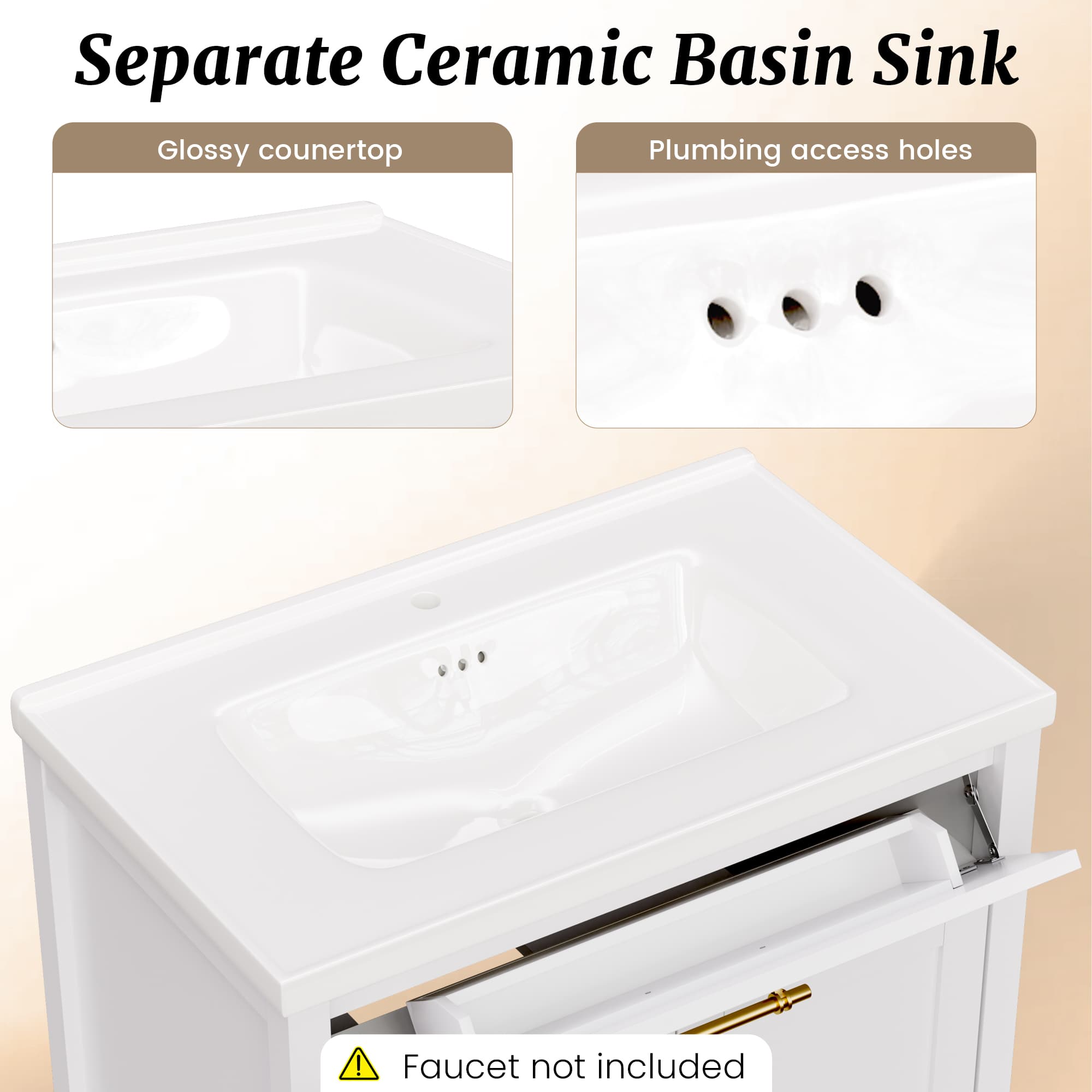 Hudson 30" Freestanding Bathroom Vanity with White Ceramic Sink, Drawer Storage and Backsplash