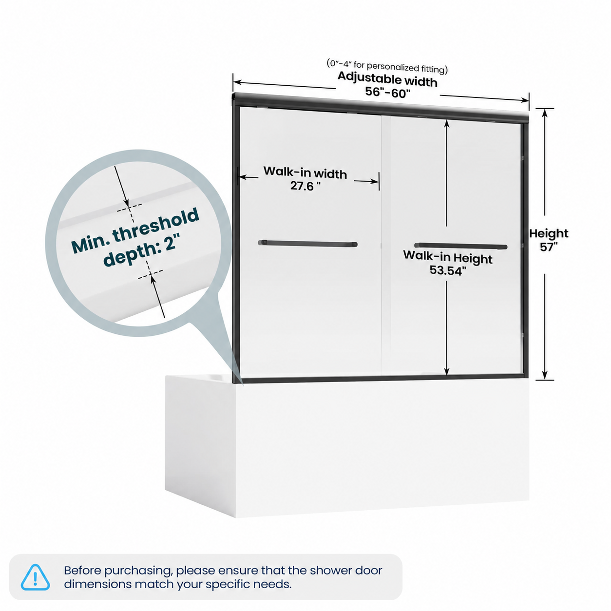 Core 56 to 60 inch matte black framed double sliding bathtub door dimensions