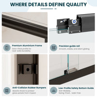 Aluminum frame, guide rail, bumper and bottom guide details on Core matte black bathtub door