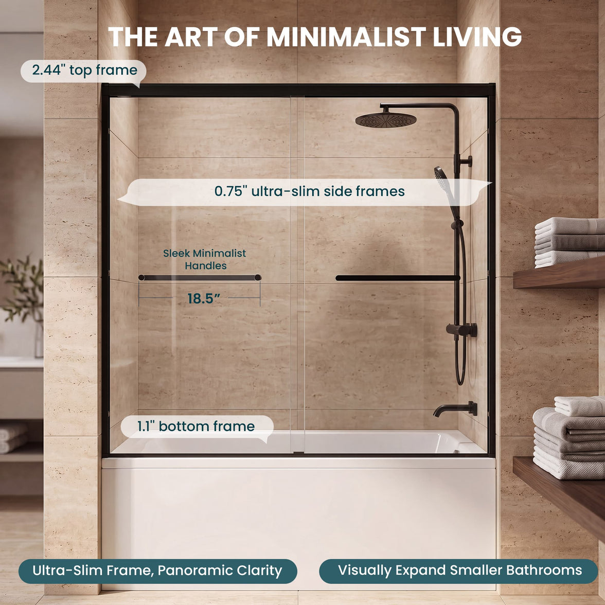 Slim frame design on Core matte black framed double sliding bathtub door