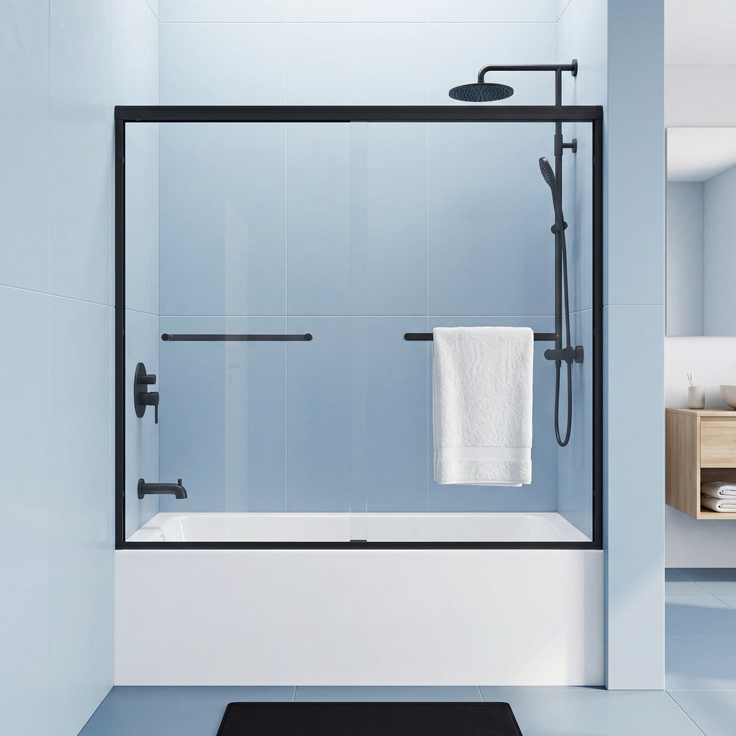 Core matte black framed double sliding bathtub door in a modern bathroom