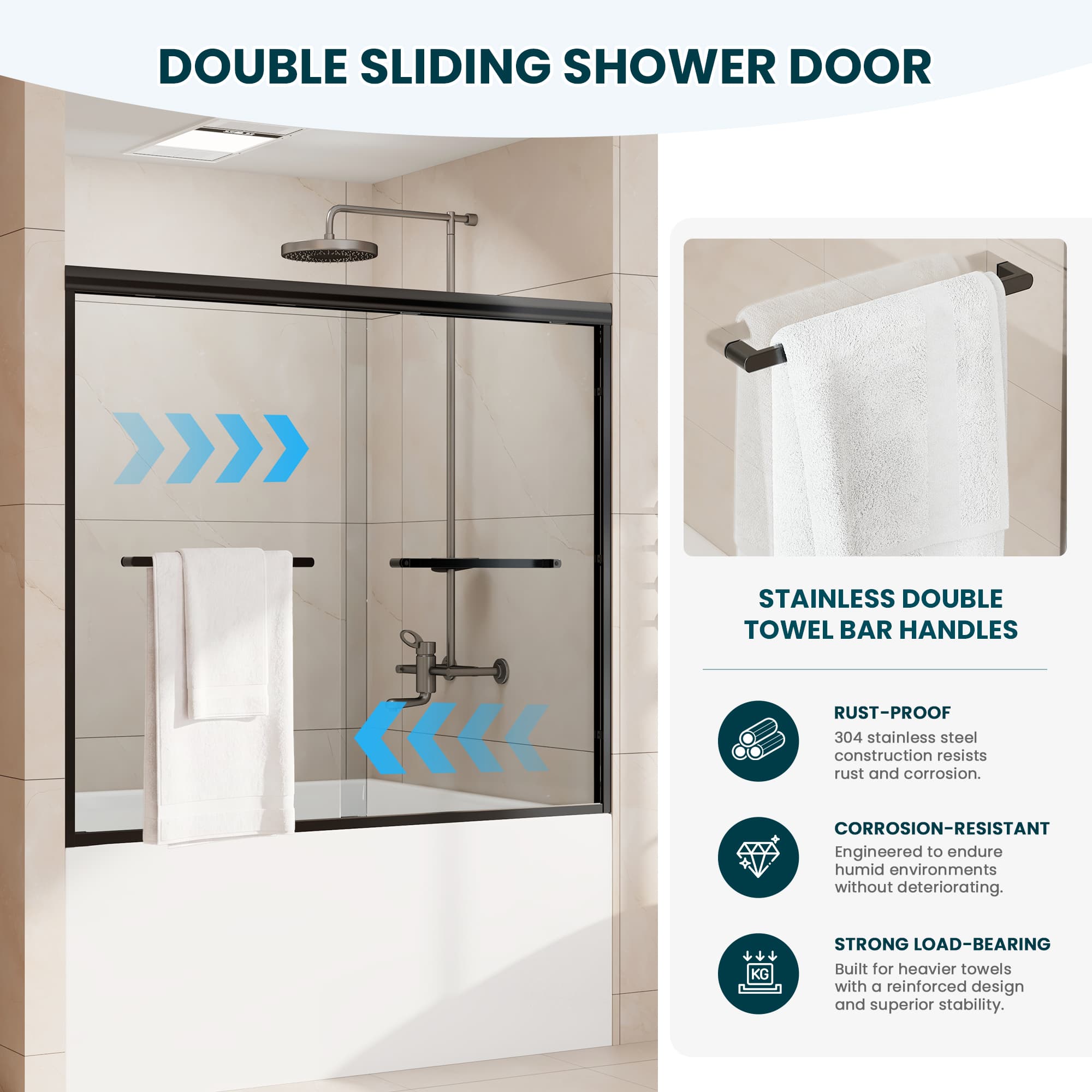 Double sliding panels and towel bars on Core matte black bathtub door