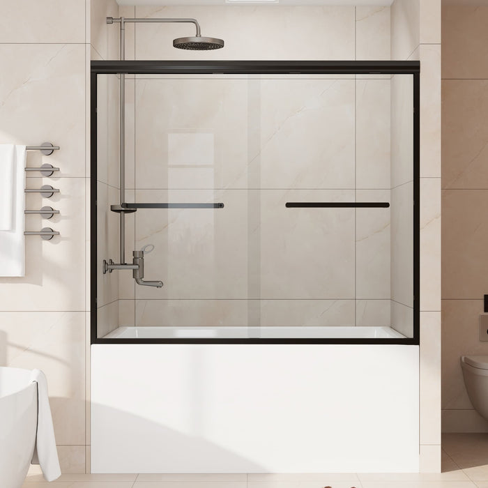 Core matte black framed double sliding bathtub door installed over a bathtub