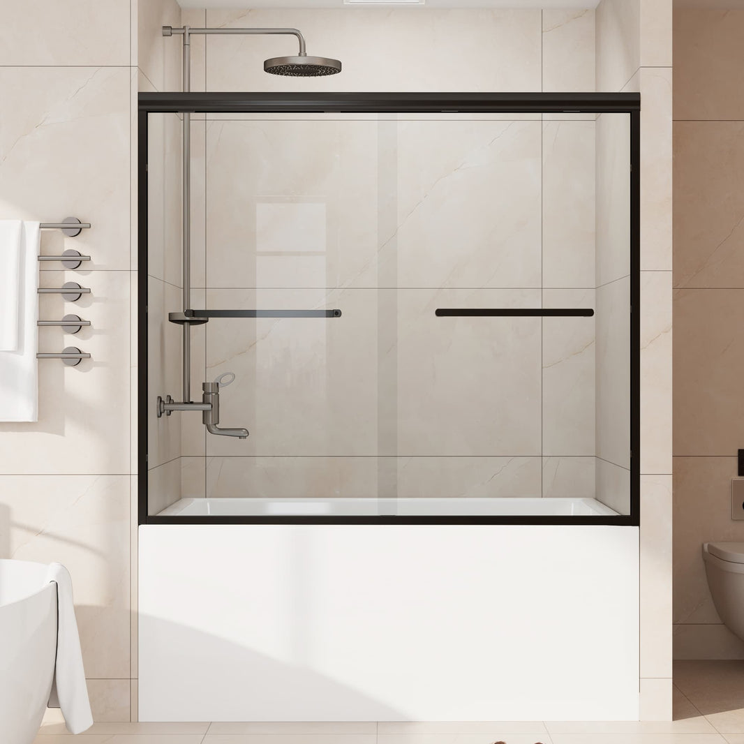 Core matte black framed double sliding bathtub door installed over a bathtub