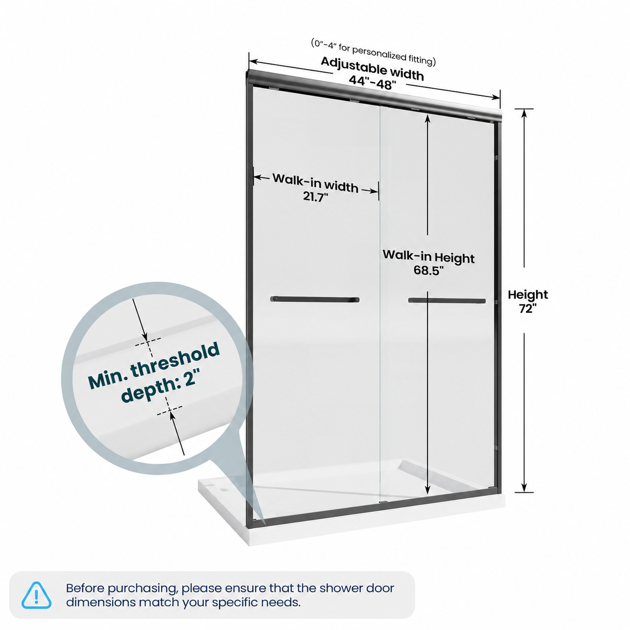 Core 44 to 48 inch matte black framed double sliding shower door dimensions