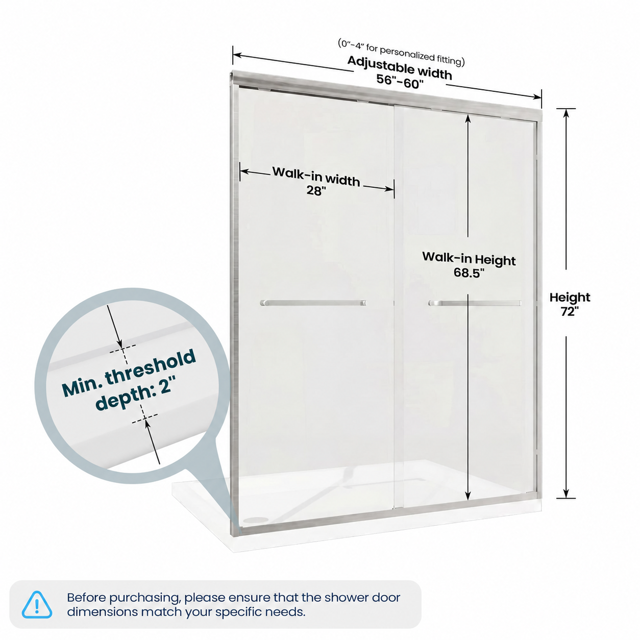 Core 56 to 60 inch brushed nickel framed double sliding shower door dimensions