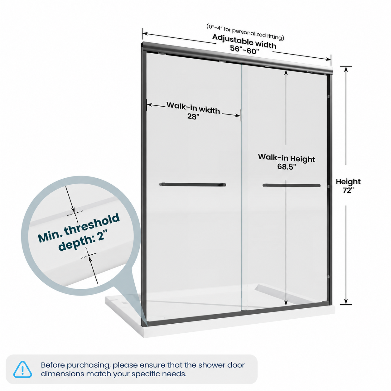 Core 56 to 60 inch matte black framed double sliding shower door dimensions