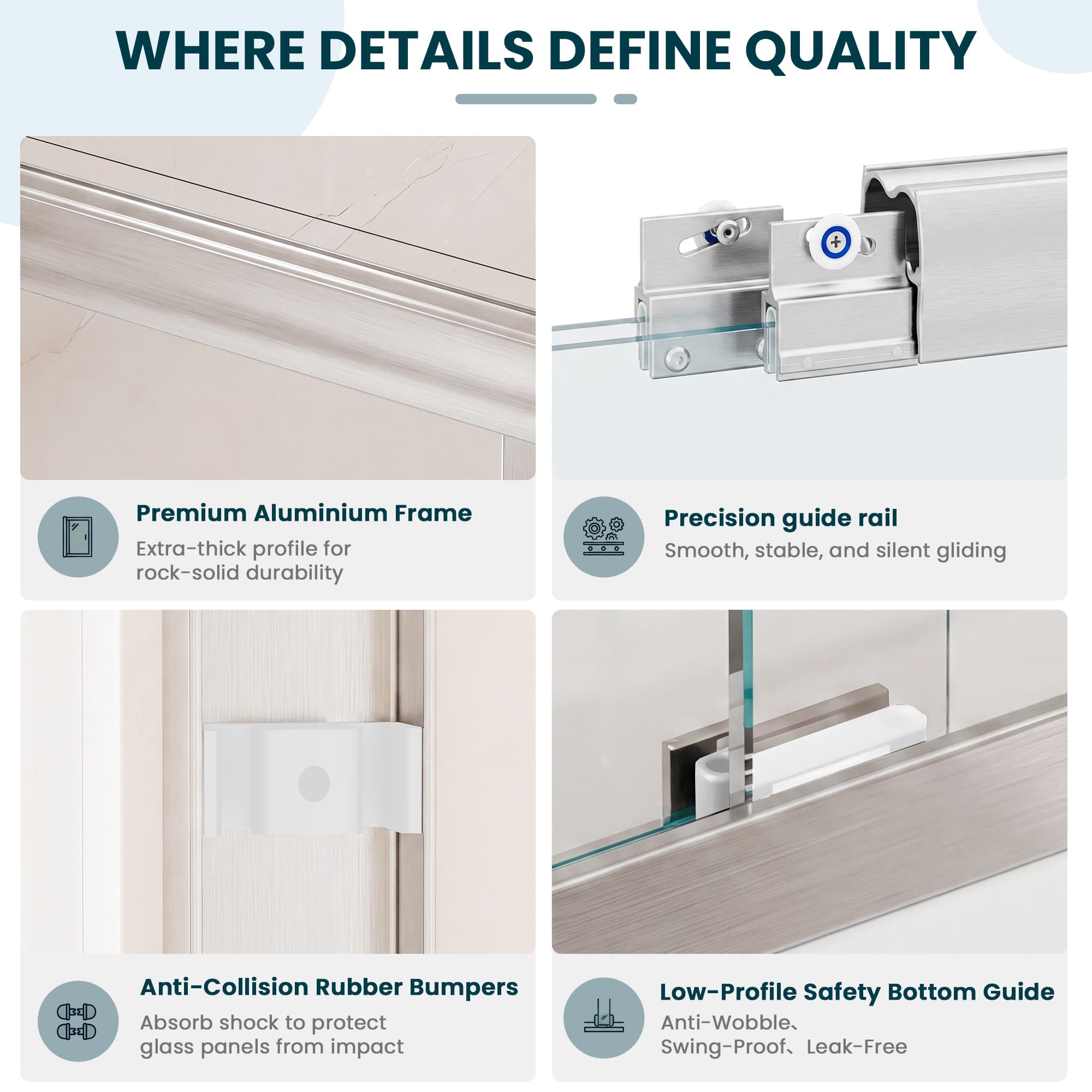 Aluminum frame, guide rail, bumper and bottom guide details on Core brushed nickel bathtub door