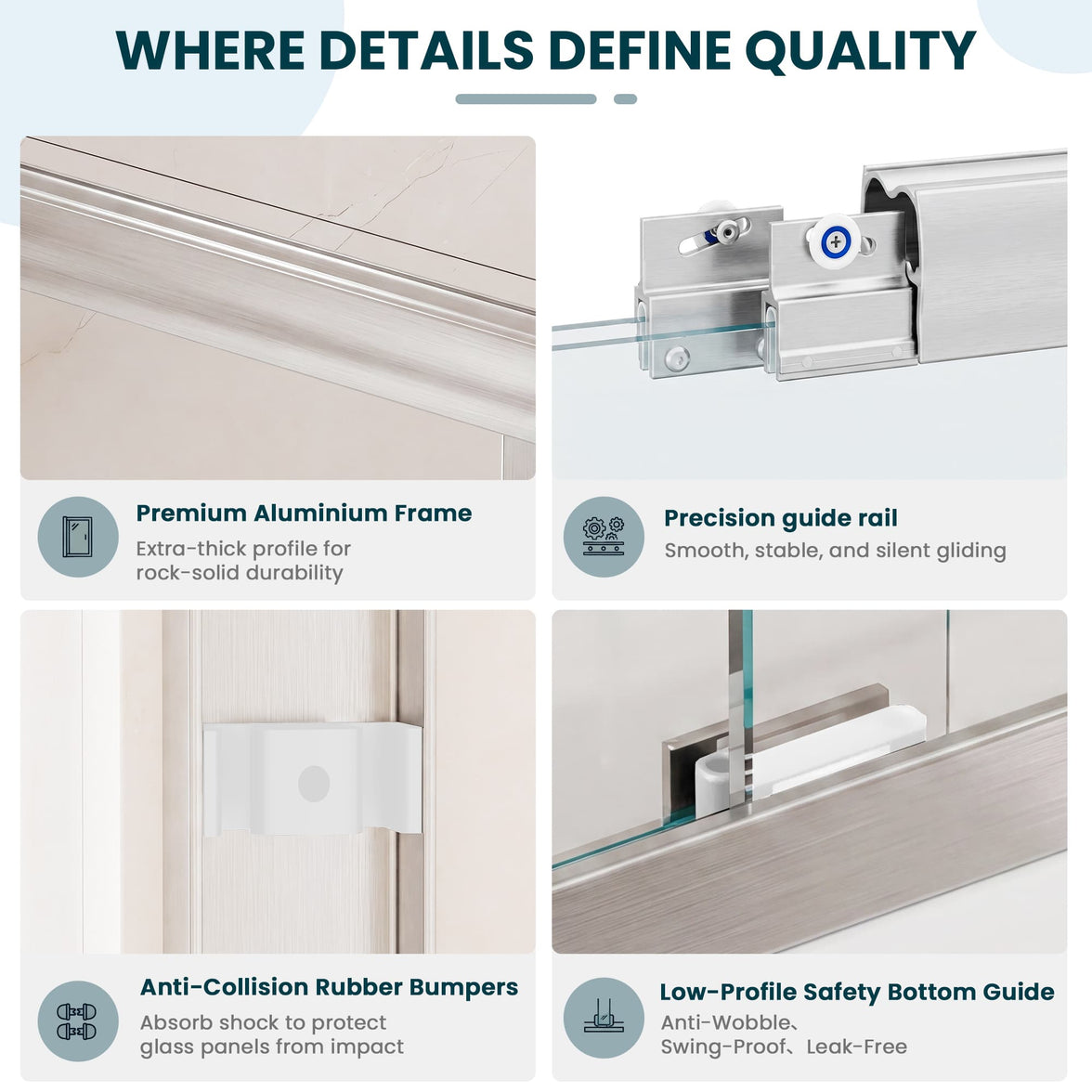 Aluminum frame, guide rail, bumper and bottom guide details on Core brushed nickel bathtub door