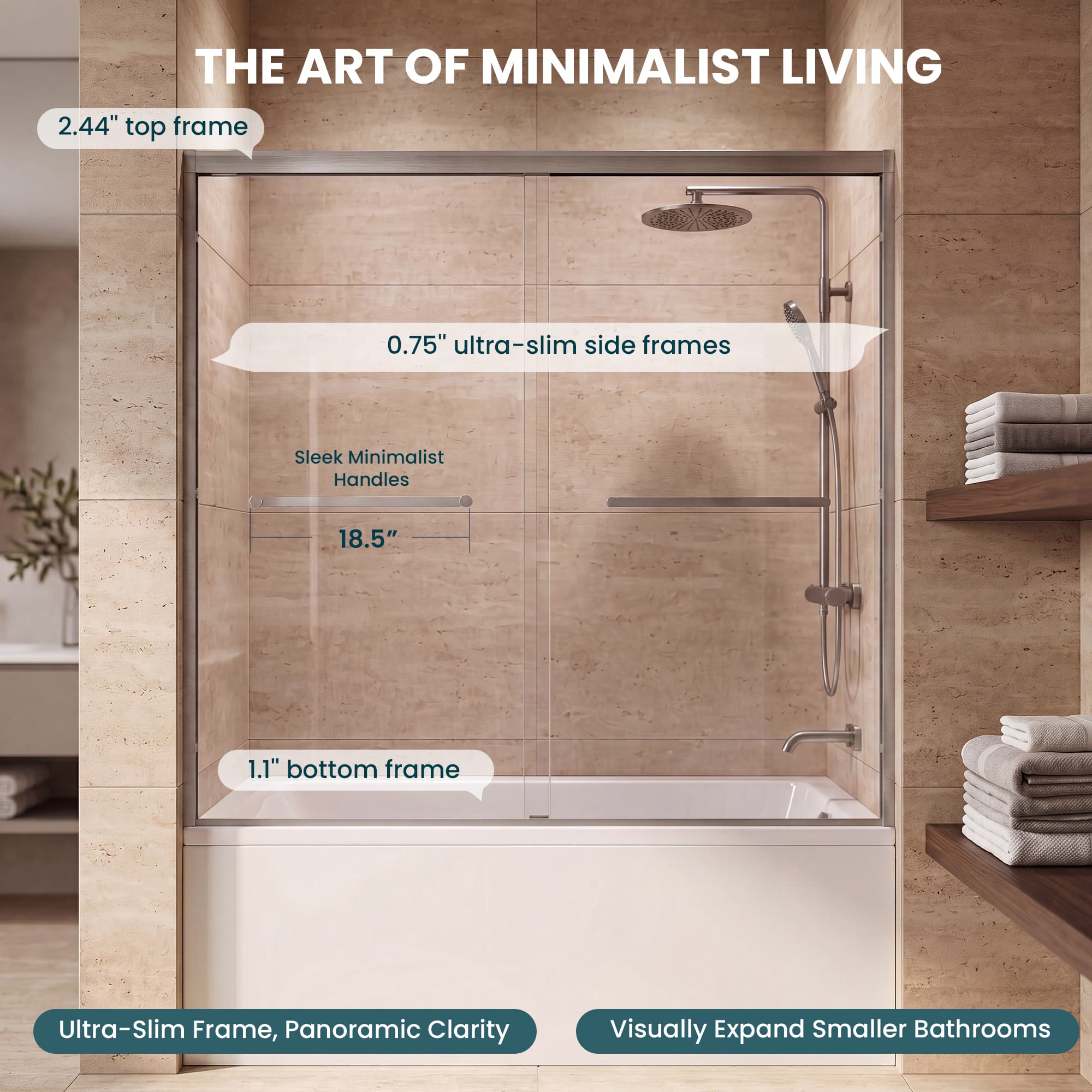 Slim frame design on Core brushed nickel framed double sliding bathtub door