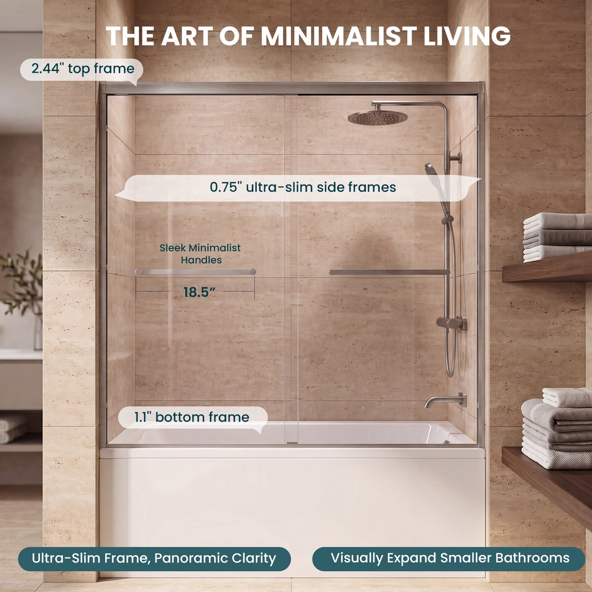 Slim frame design on Core brushed nickel framed double sliding bathtub door