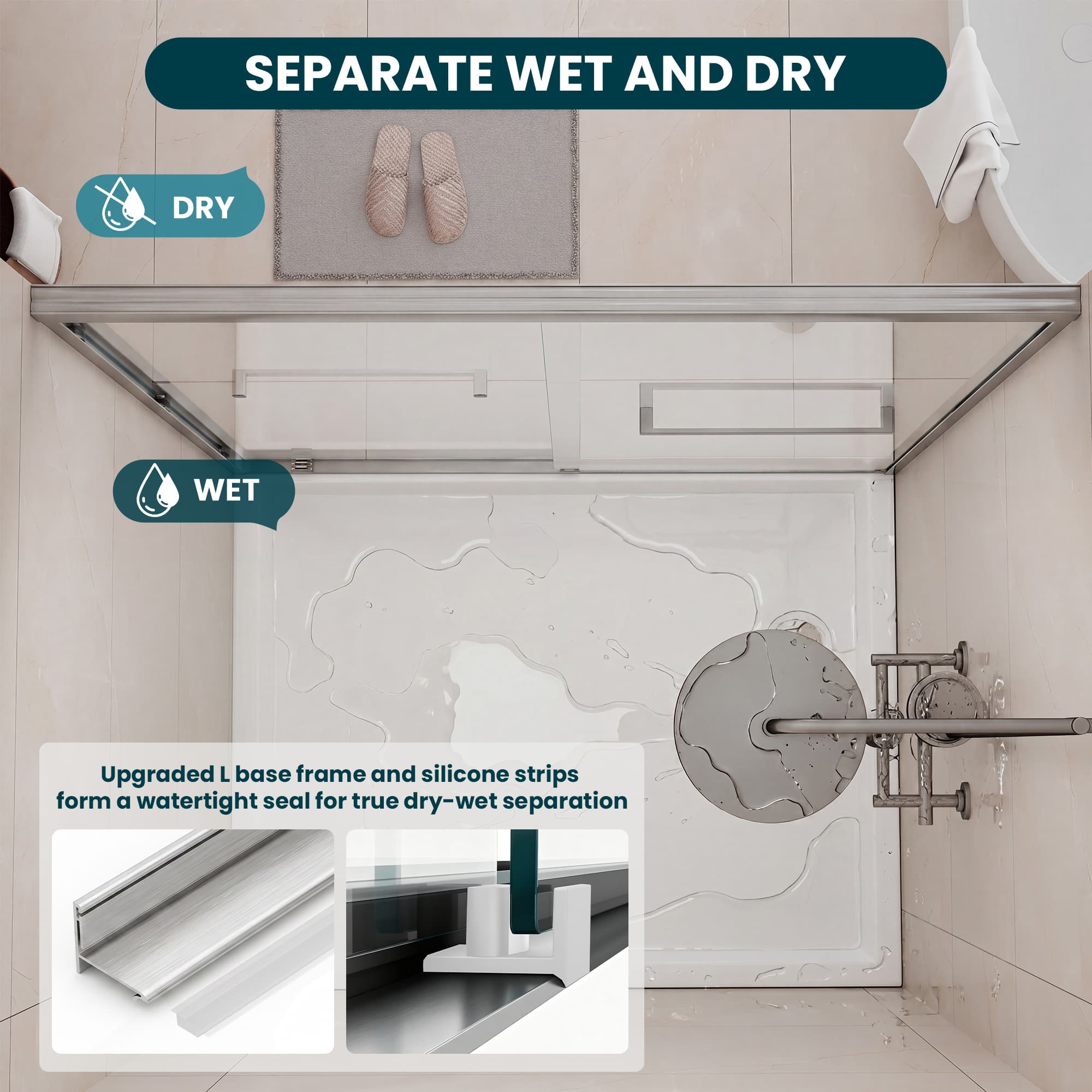 Watertight base frame and seal detail on Core brushed nickel bathtub door