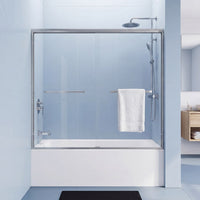 Core brushed nickel framed double sliding bathtub door in a modern bathroom