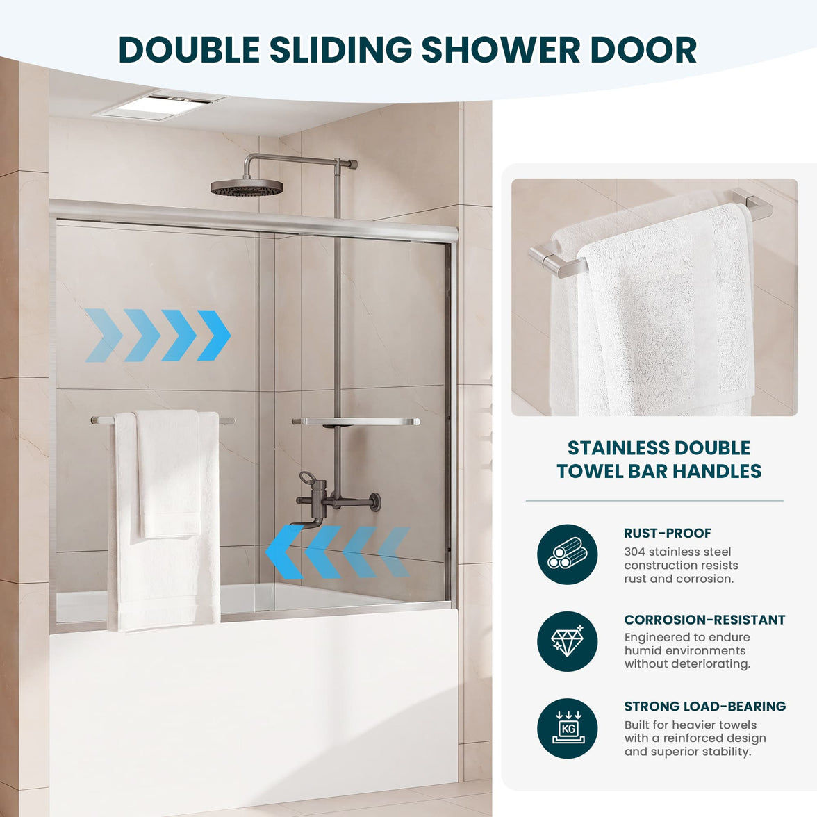 Double sliding panels and towel bars on Core brushed nickel bathtub door