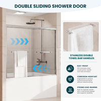 Double sliding panels and towel bars on Core brushed nickel bathtub door