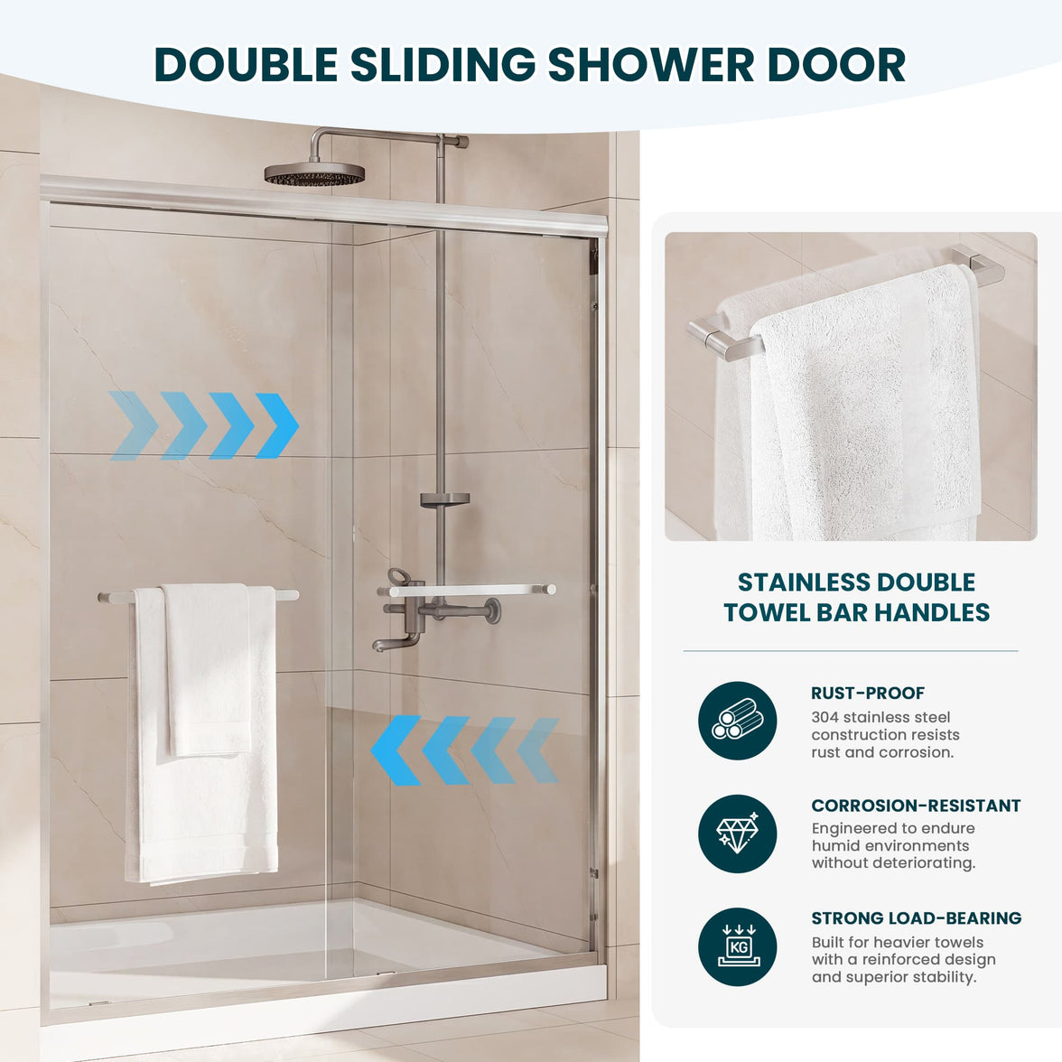 Double sliding panels and towel bars on Core brushed nickel shower door
