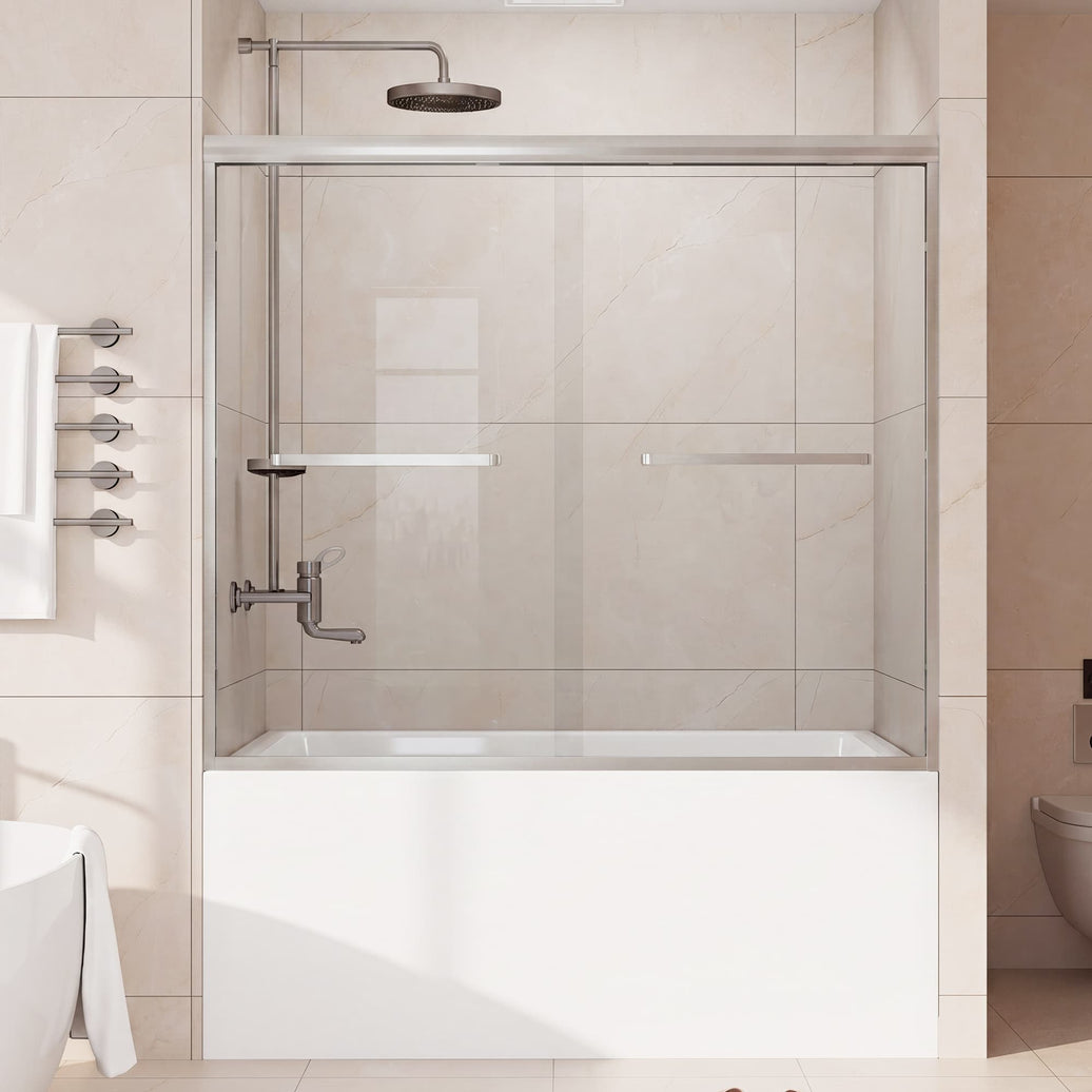 Core brushed nickel framed double sliding bathtub door installed over a bathtub