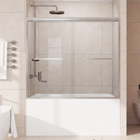 Core brushed nickel framed double sliding bathtub door installed over a bathtub