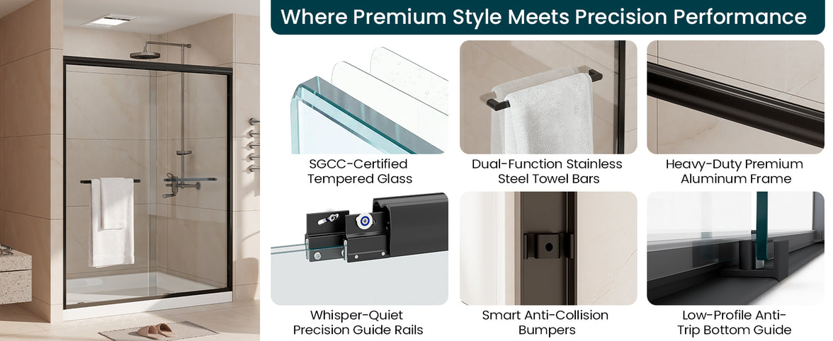 Tempered glass, towel bars, aluminum frame and hardware features of Core shower door