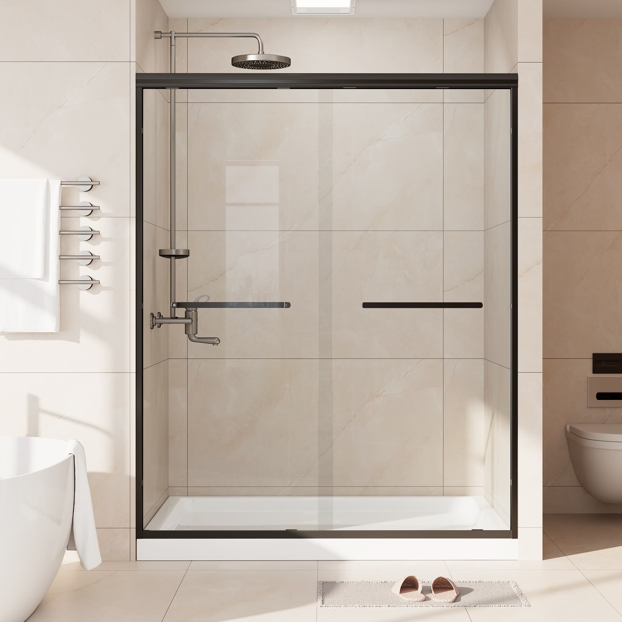Core matte black framed double sliding shower door installed in a bathroom