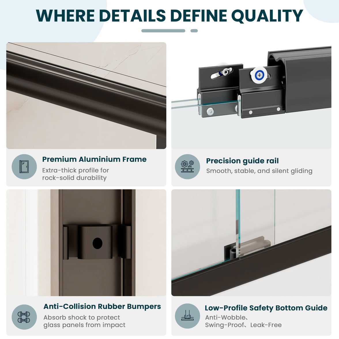 Frame, guide rail, bumper and bottom guide details on Core matte black shower door