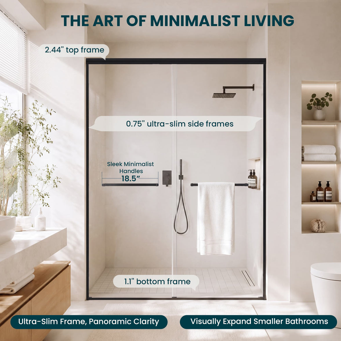 Slim frame design on Core matte black framed double sliding shower door