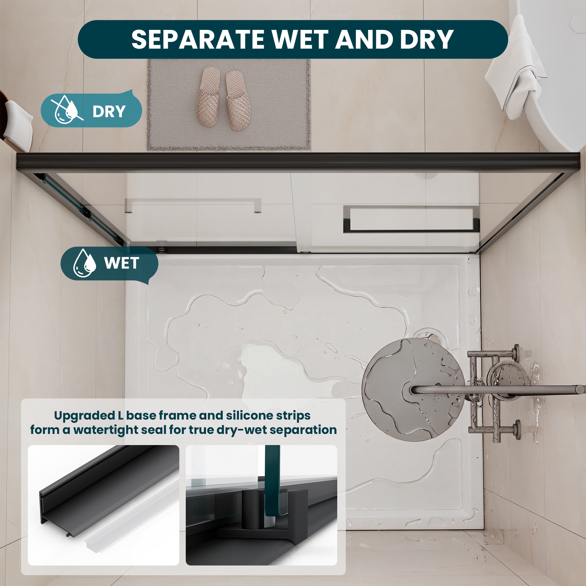 Watertight base frame and seal detail on Core matte black shower door