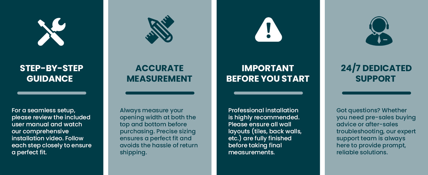 Installation guidance, measurement information and support for Core shower door