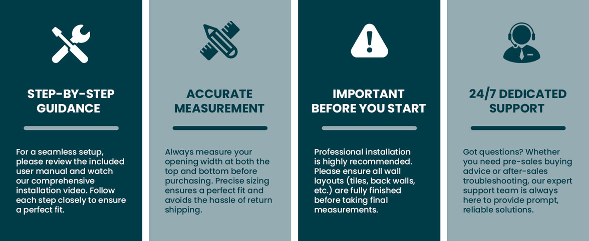 Installation guidance, measurement information and support for Core shower door