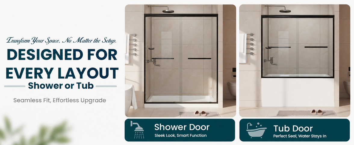 Core sliding door shown in shower and bathtub installation layouts