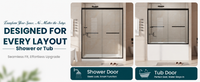 Core sliding door shown in shower and bathtub installation layouts