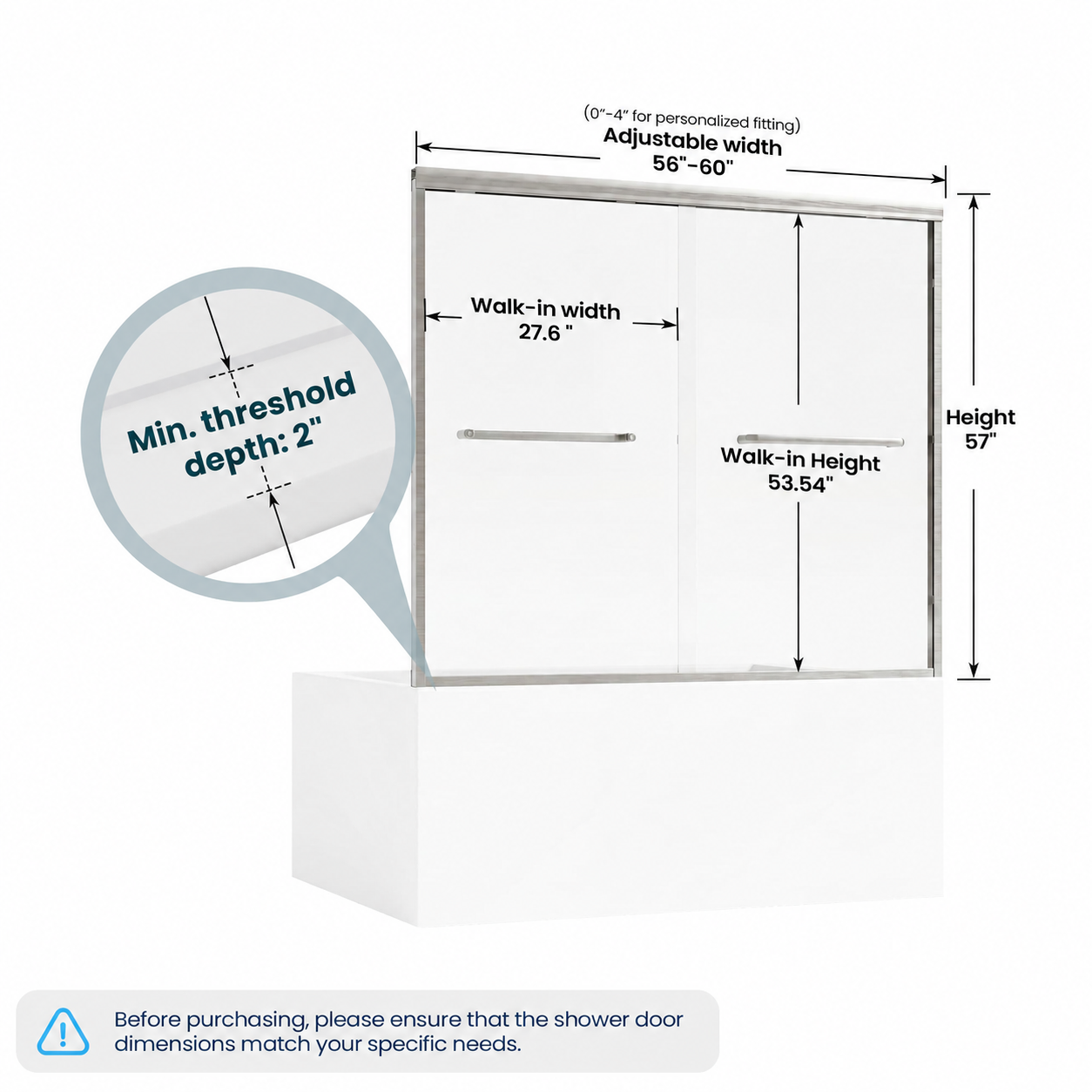 Core 56 to 60 inch brushed nickel framed double sliding bathtub door dimensions