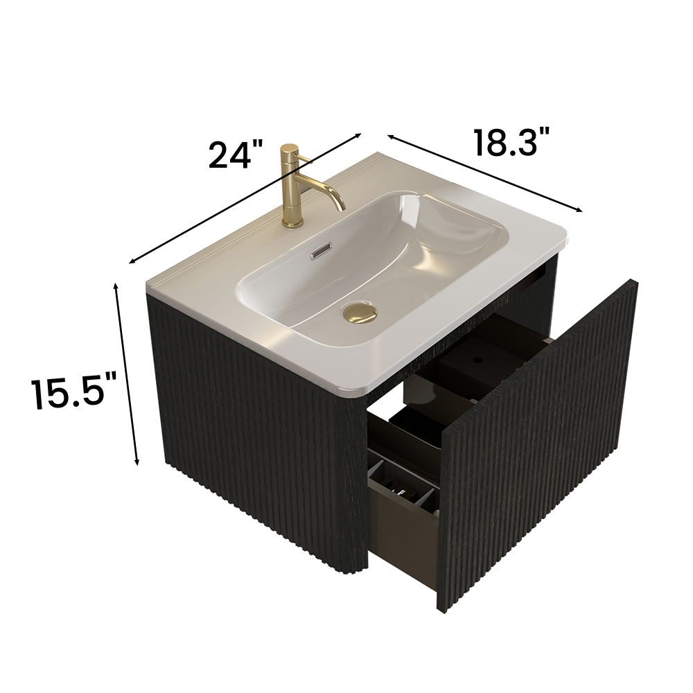 24" Striped Walnut Wall-Mounted Bathroom Vanity with integrated White Ceramic Sink, Fully Assembled