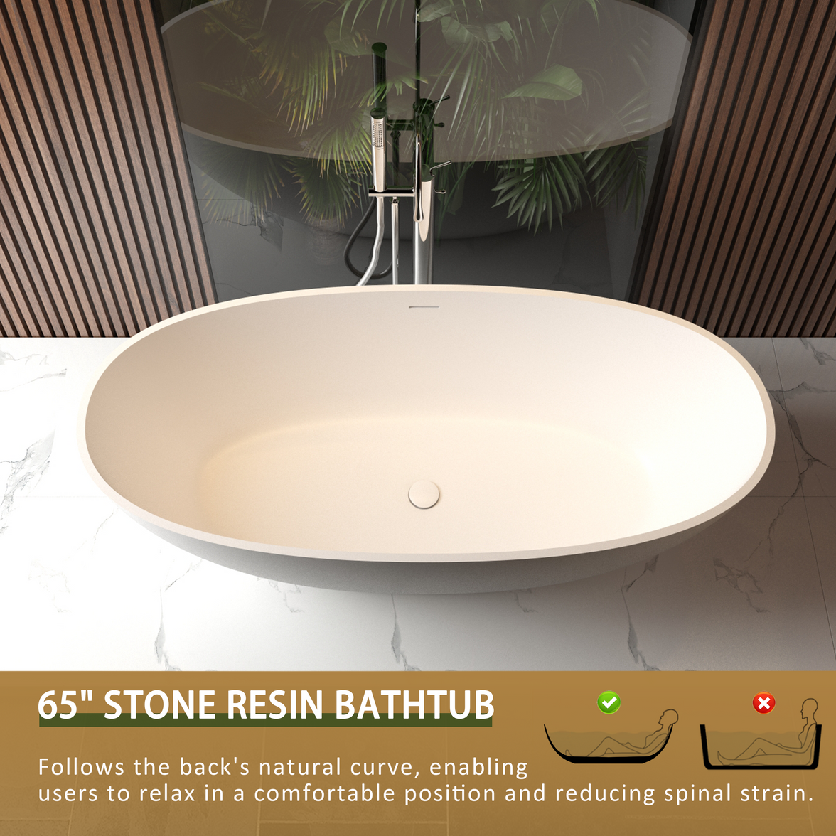 65" Freestanding Solid Surface Bathtub with Pop-Up Drain and Overflow in Matte White