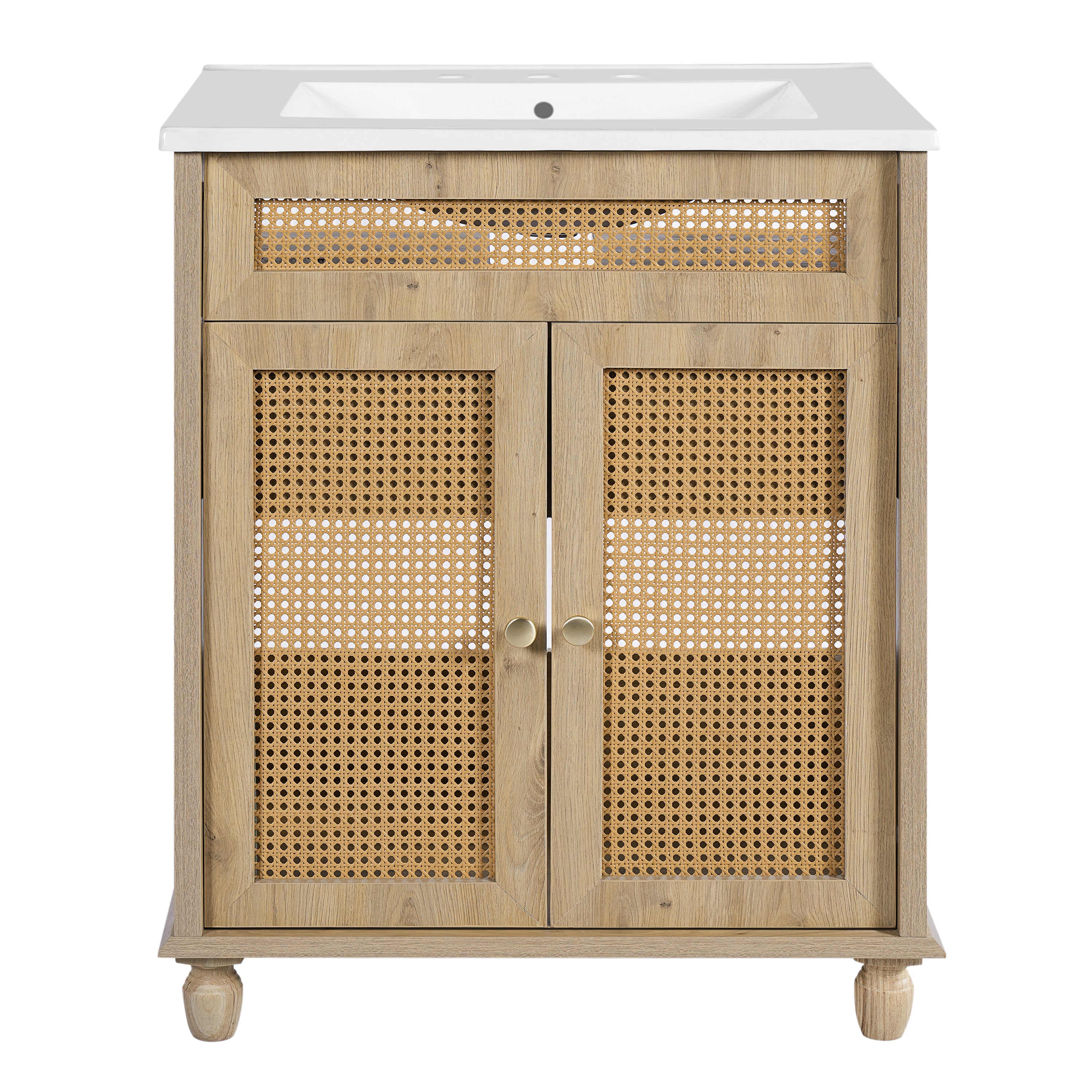30" Freestanding Bathroom Vanity with Resin Sink, Rattan Doors and Soft-Close Storage