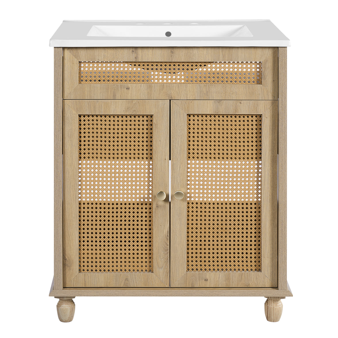 30" Freestanding Bathroom Vanity with Resin Sink, Rattan Doors and Soft-Close Storage