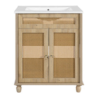30" Freestanding Bathroom Vanity with Resin Sink, Rattan Doors and Soft-Close Storage